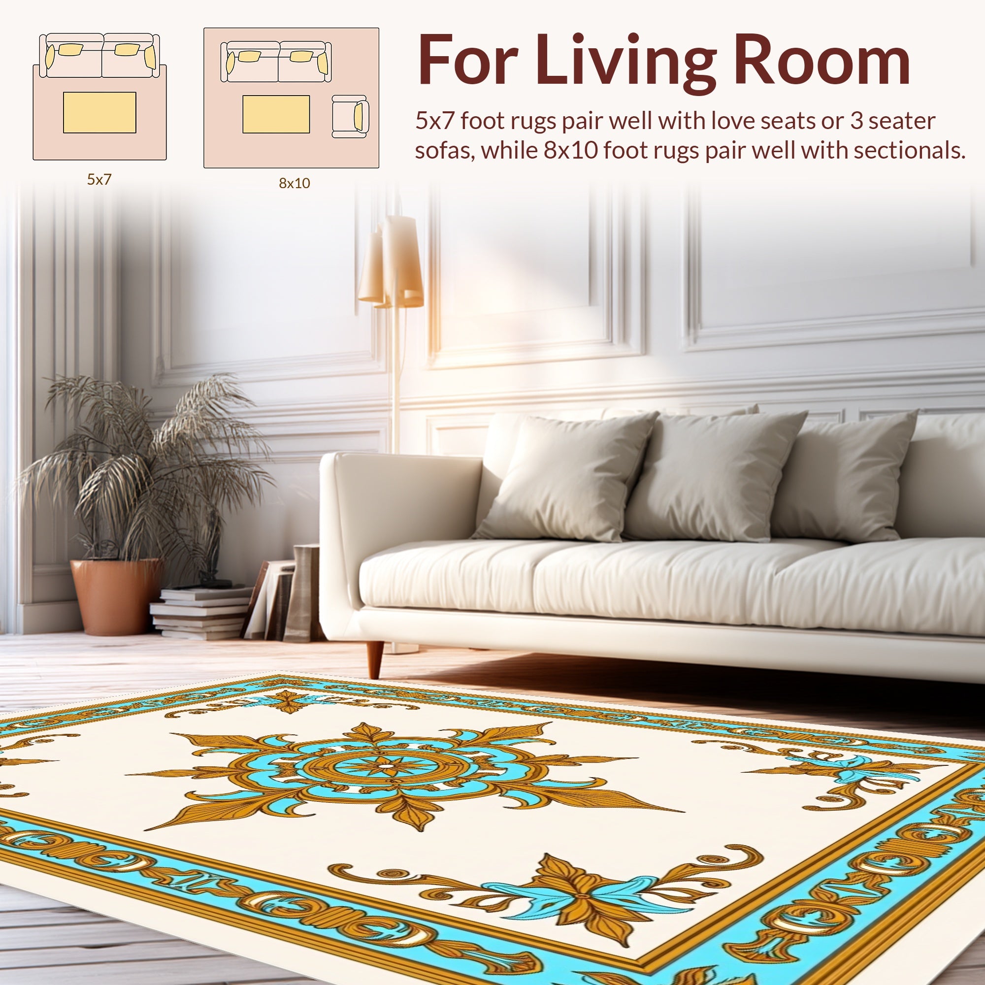 Ornate Aqua Gold Floral Centerpiece Rug
