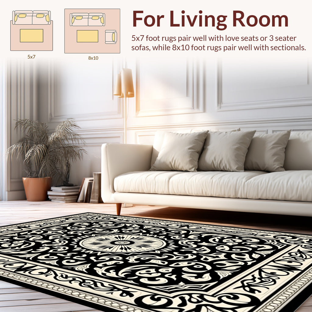 Black Cream Intricate Floral Medallion Rug