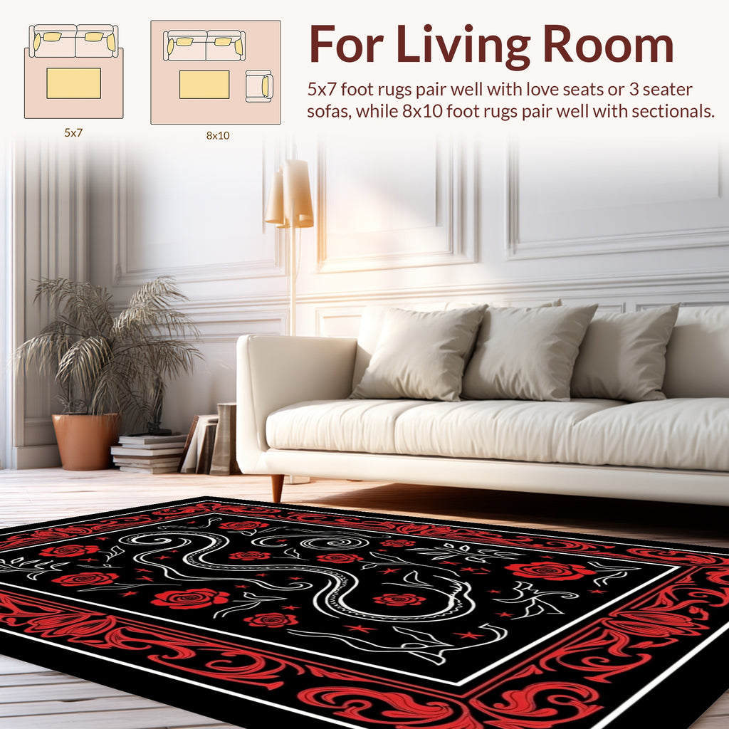Bold Red Rose Snake Swirl Design Rug