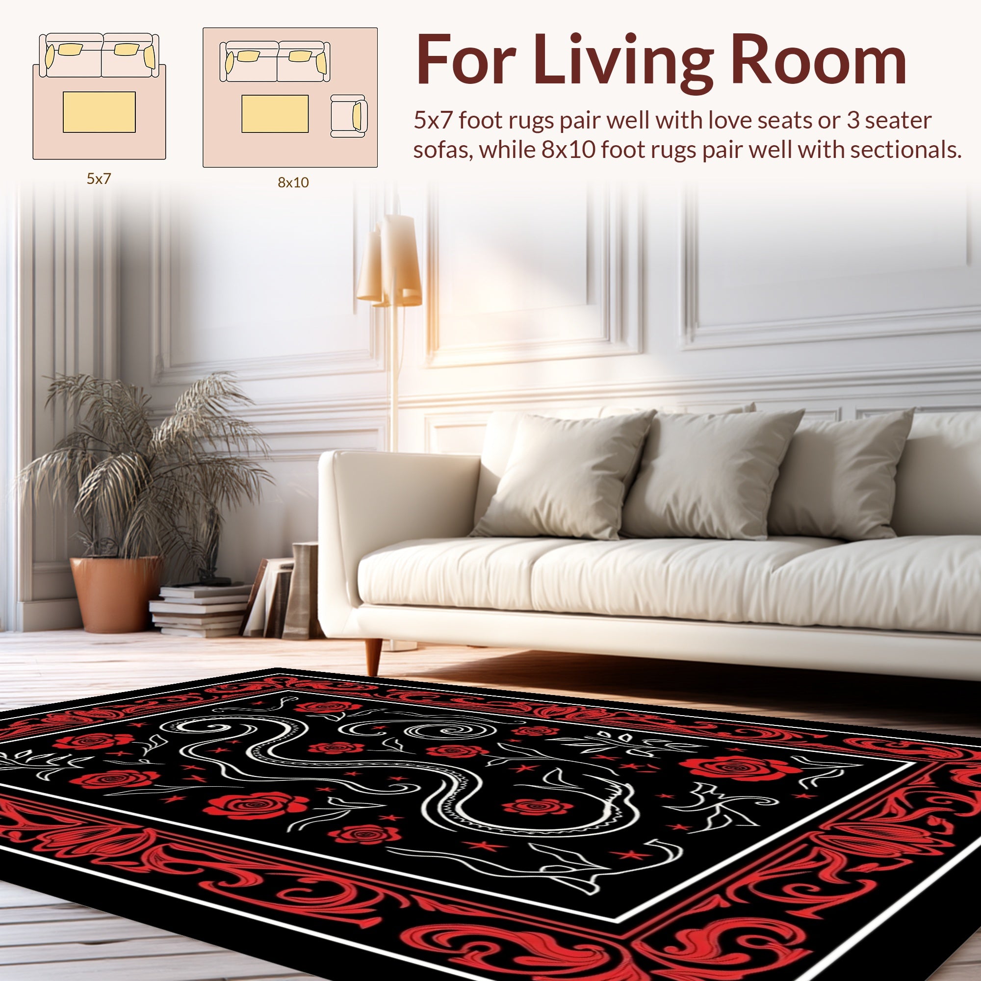 Bold Red Rose Snake Swirl Design Rug