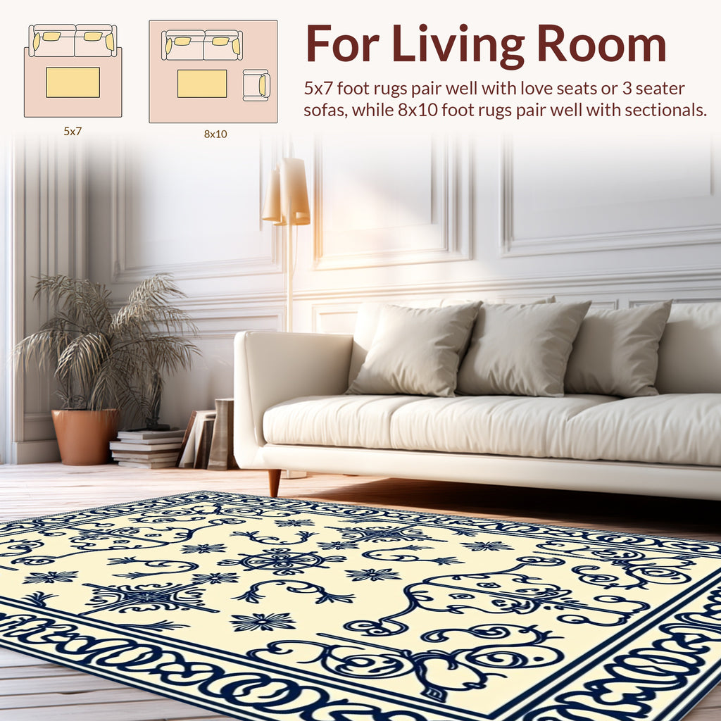 Navy Scrollwork Floral Pattern Rug