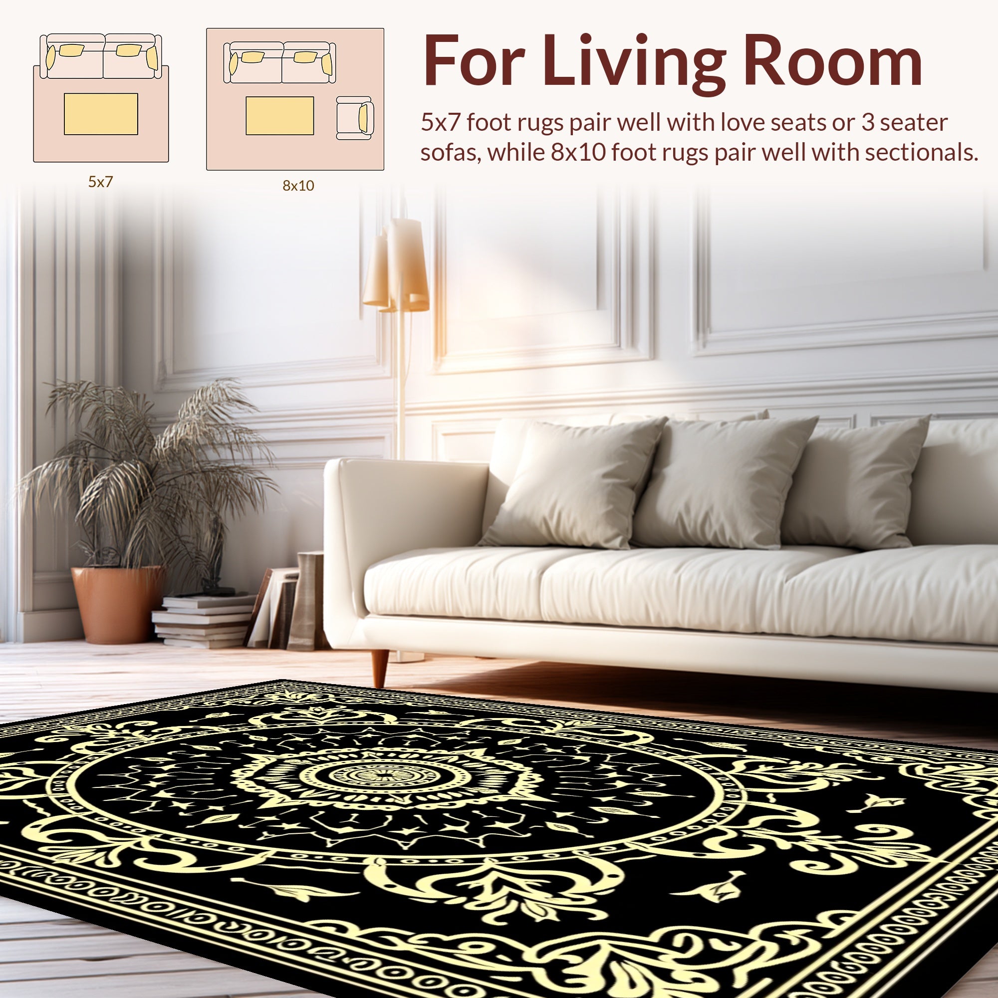 Intricate Mandala Floral Black Cream Rug
