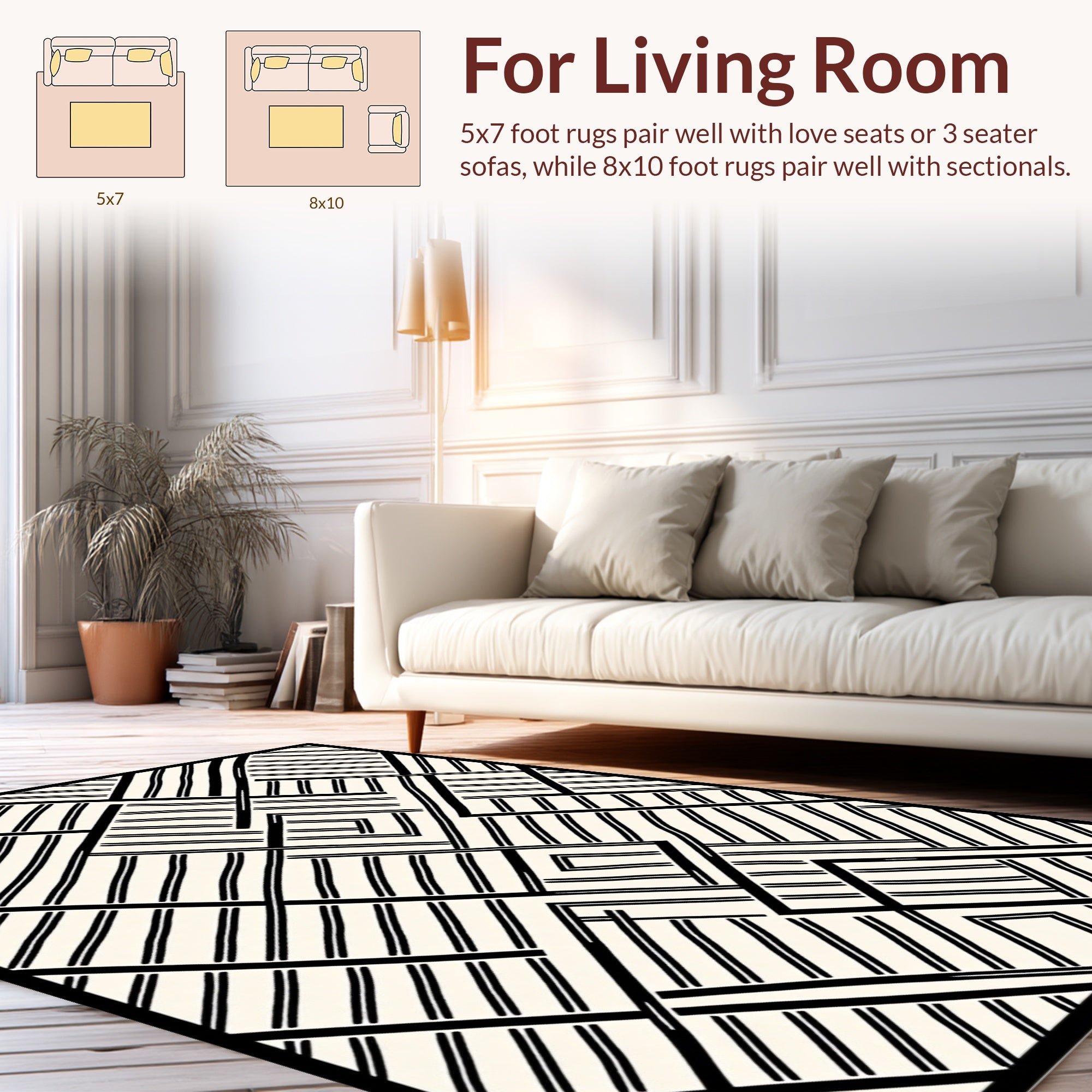 Black White Interlocking Stripe Pattern Rug