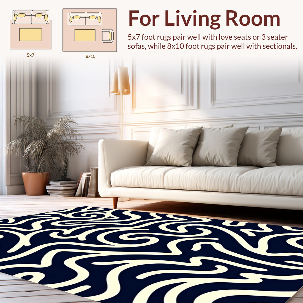 Cream Swirl on Navy Abstract Rug