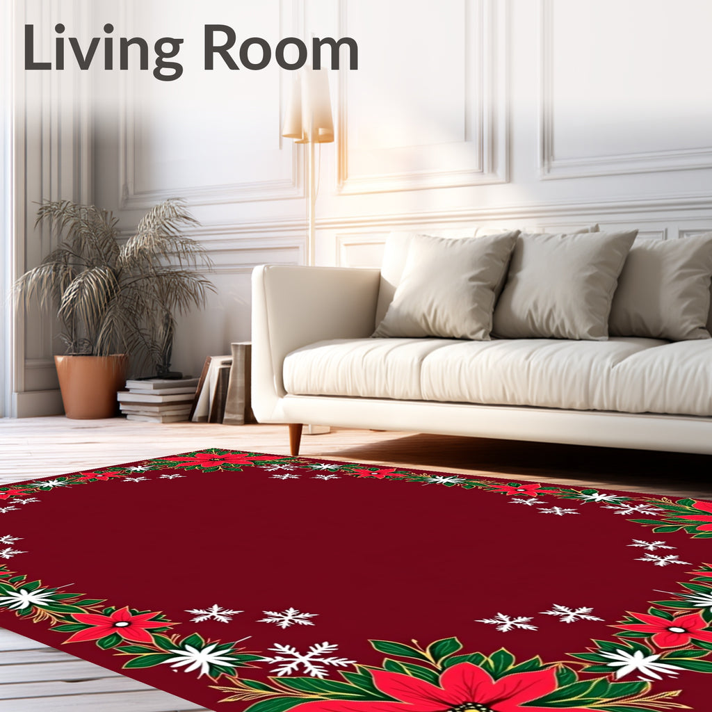 Crimson Poinsettia Snowfall Holiday Border Rug