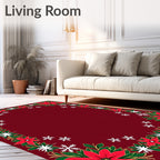 Crimson Poinsettia Snowfall Holiday Border Rug