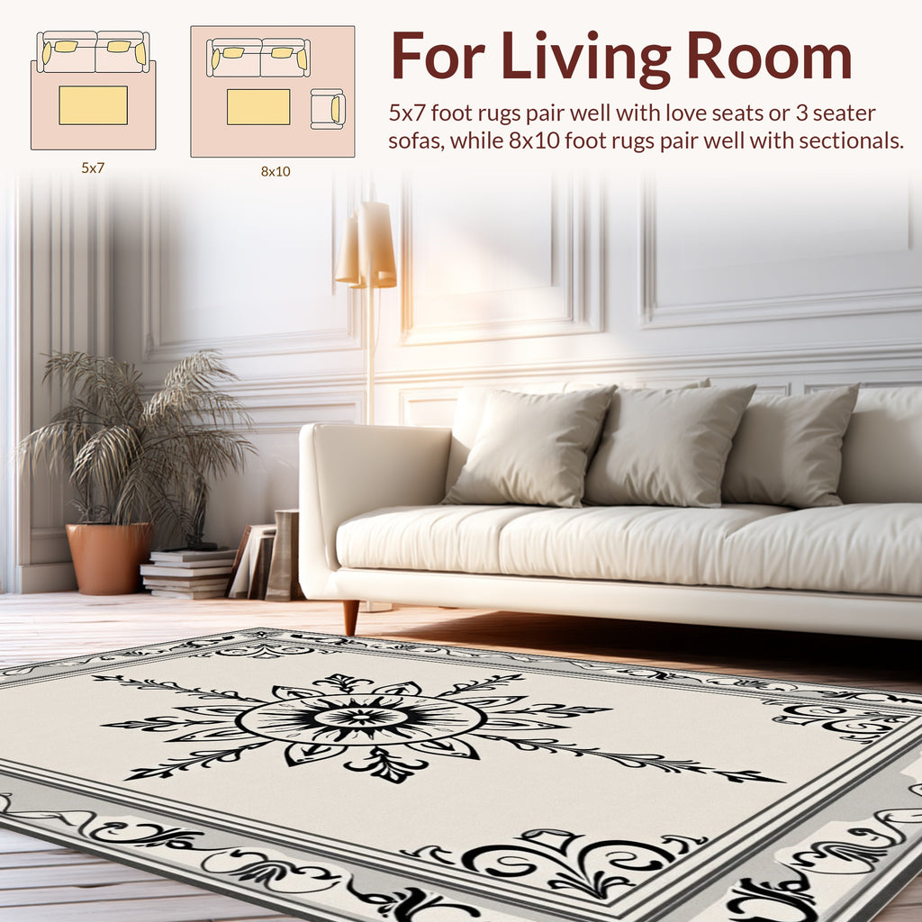 Ornate Black White Floral Sun Rug