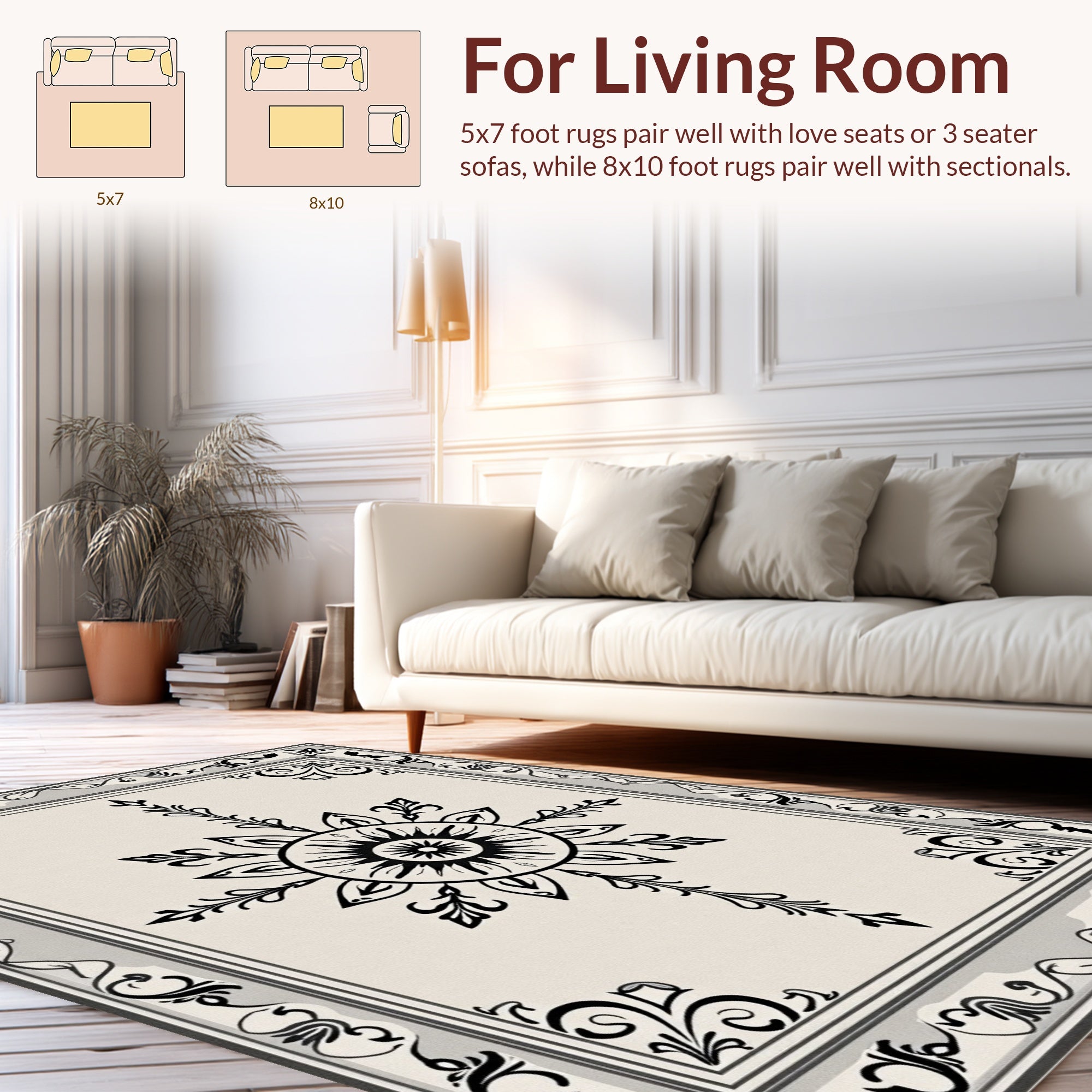 Ornate Black White Floral Sun Rug