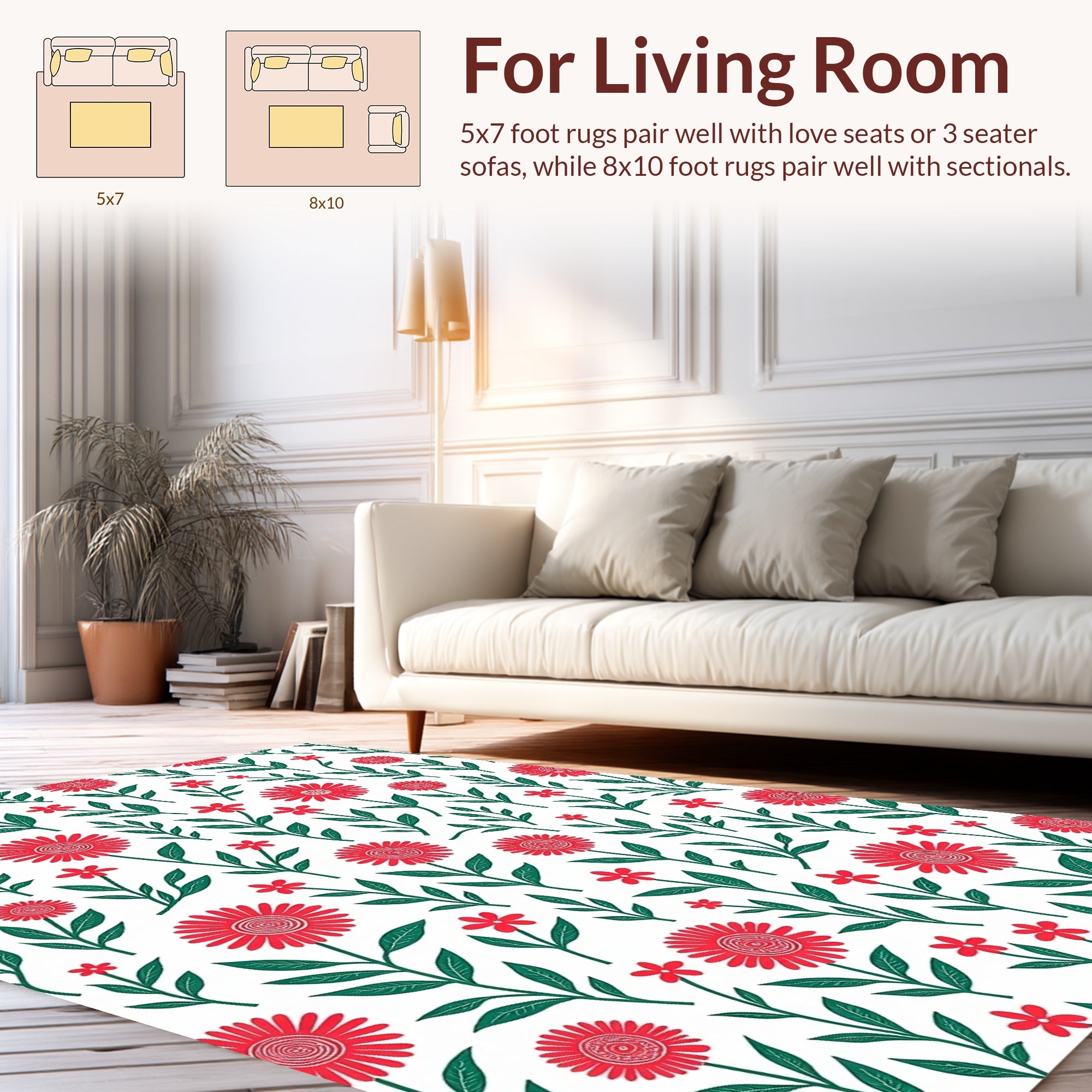 Red Daisy Garden Floral Pattern Rug