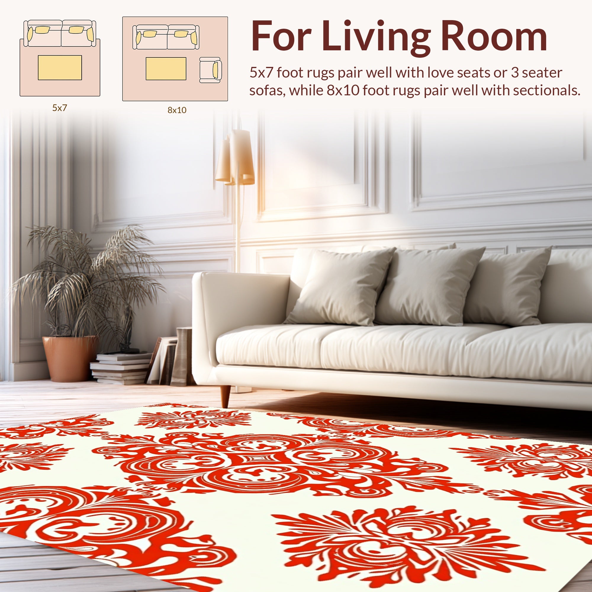 Classic Red Ivory Damask Pattern Rug