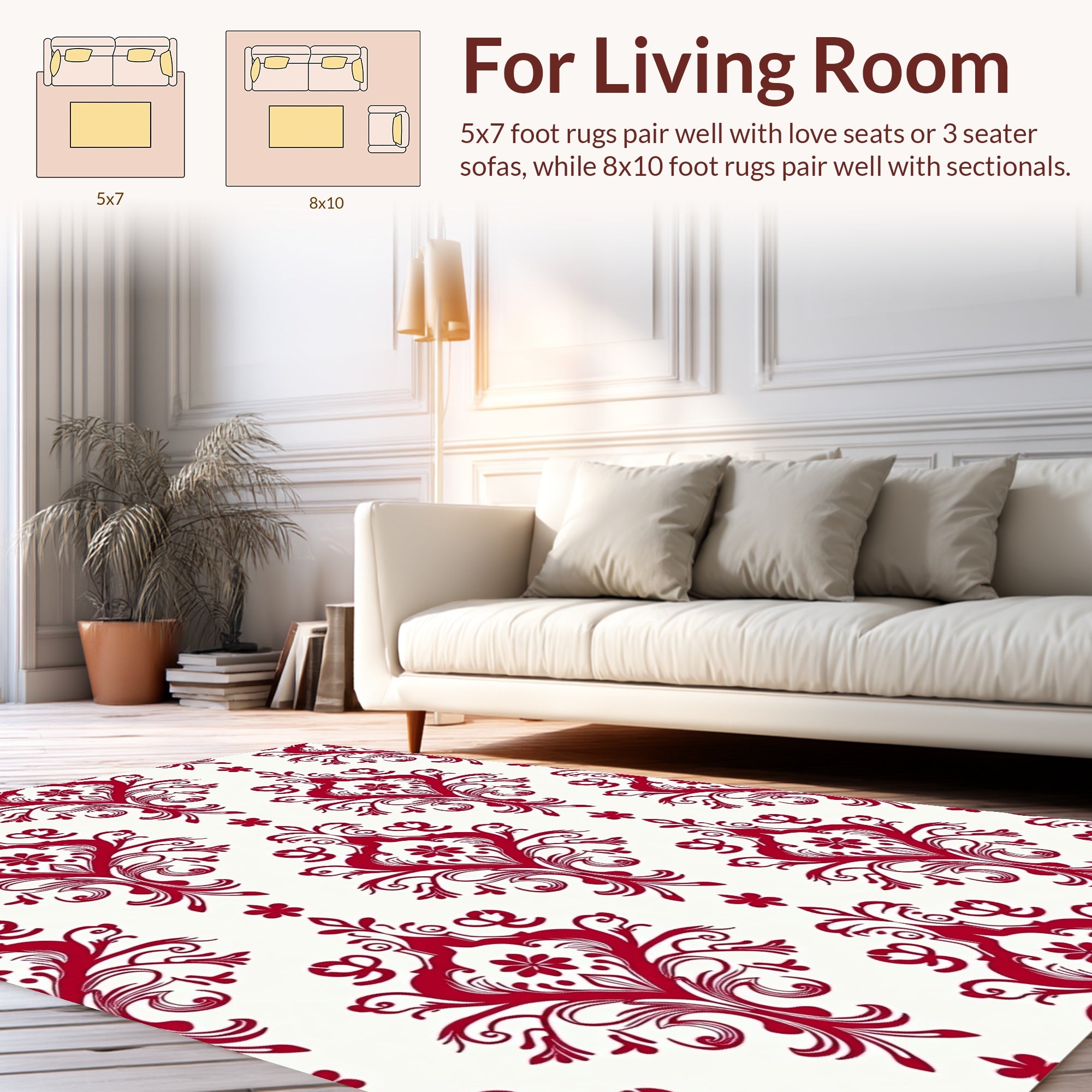 Red Damask Scrollwork Floral Pattern Rug