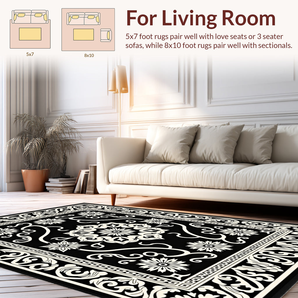 Black White Floral Scrollwork Medina Rug