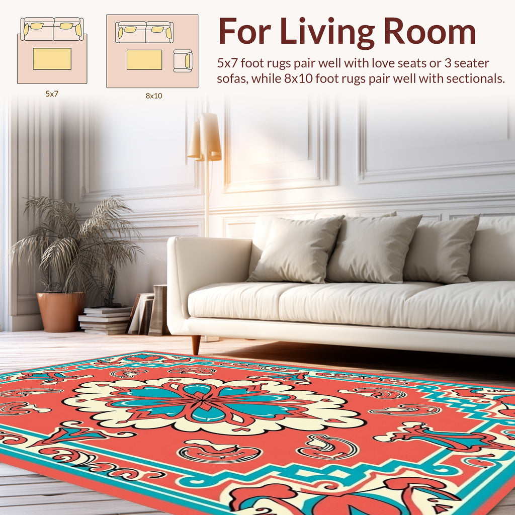 Coral Teal Floral Medallion Tribal Rug