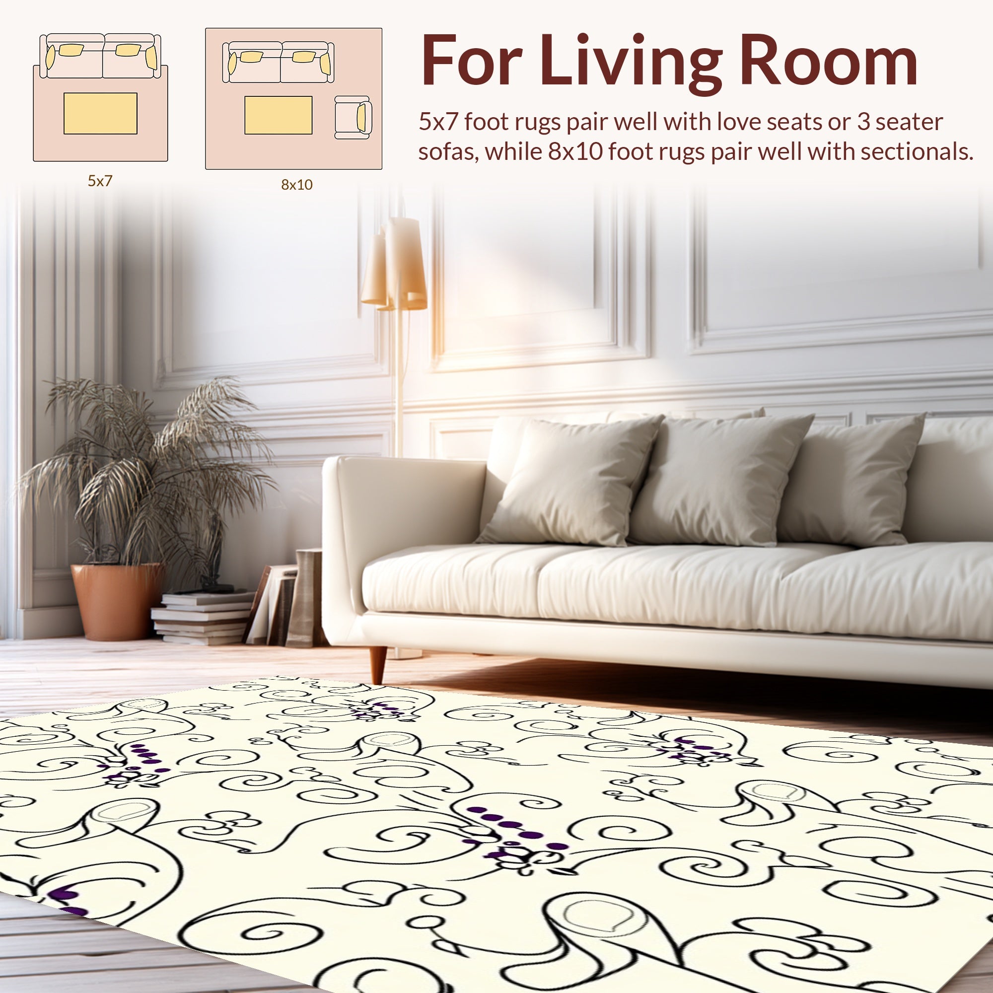 Elegant Black Vine Foliage Pattern Rug