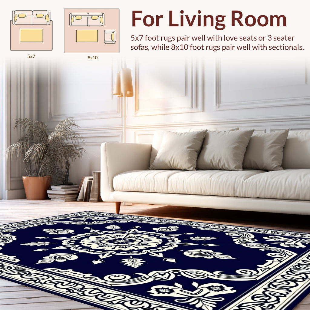 Dark Blue Floral Mandala Design Rug