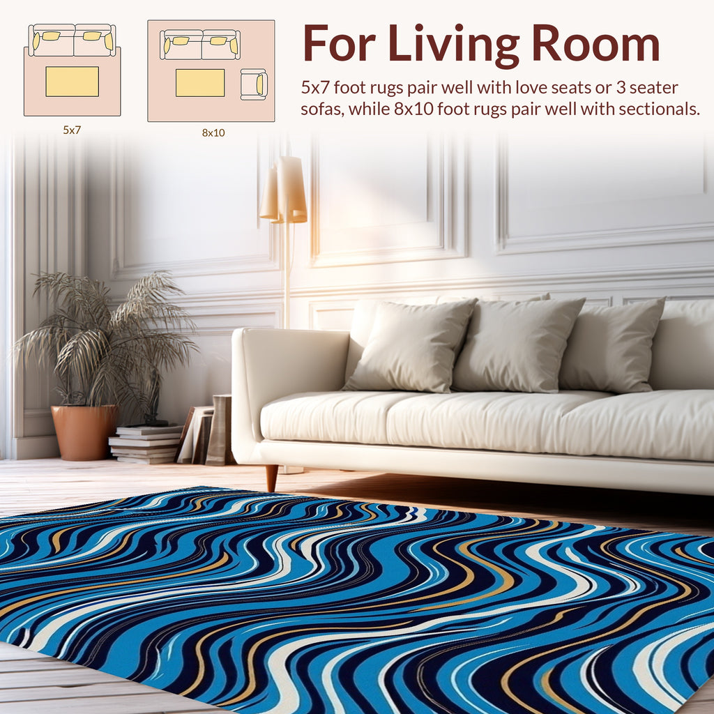 Abstract Blue Gold Wave Pattern Rug