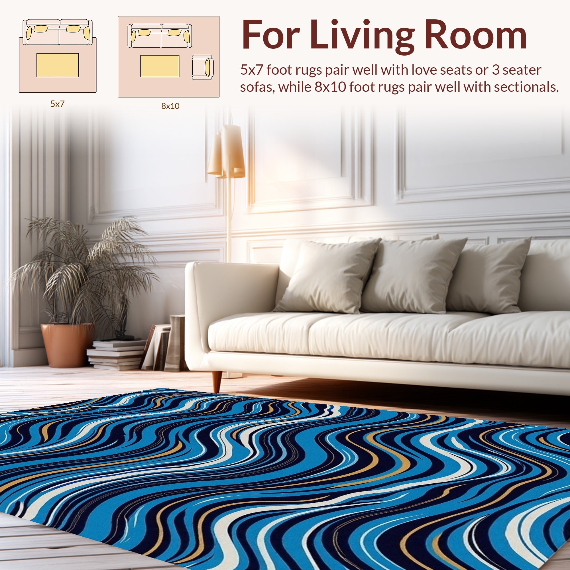 Abstract Blue Gold Wave Pattern Rug