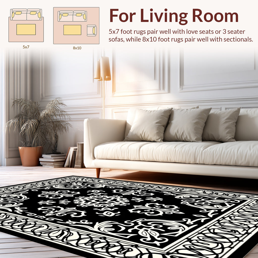 Intricate Black White Floral Border Rug