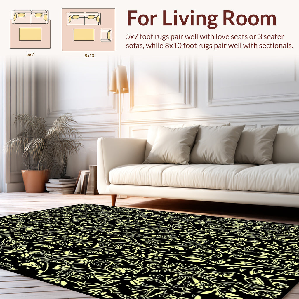 Ornate Black Floral Vine Art Rug