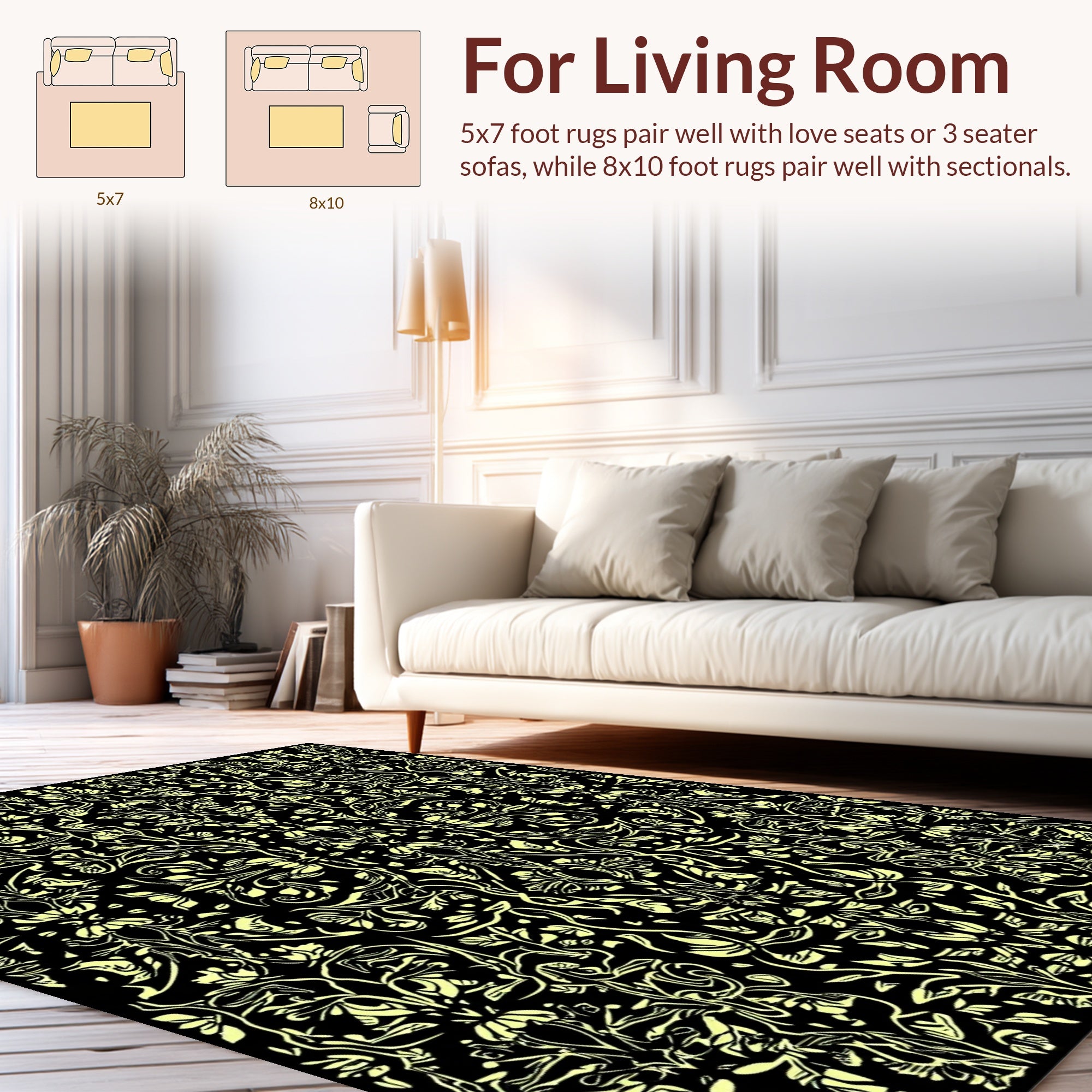Ornate Black Floral Vine Art Rug