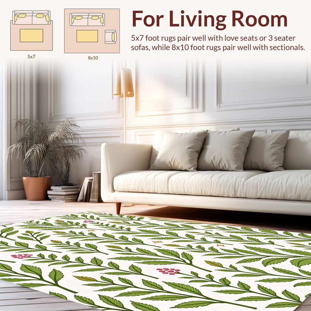 Green Leaf and Berry Botanical Pattern Rug