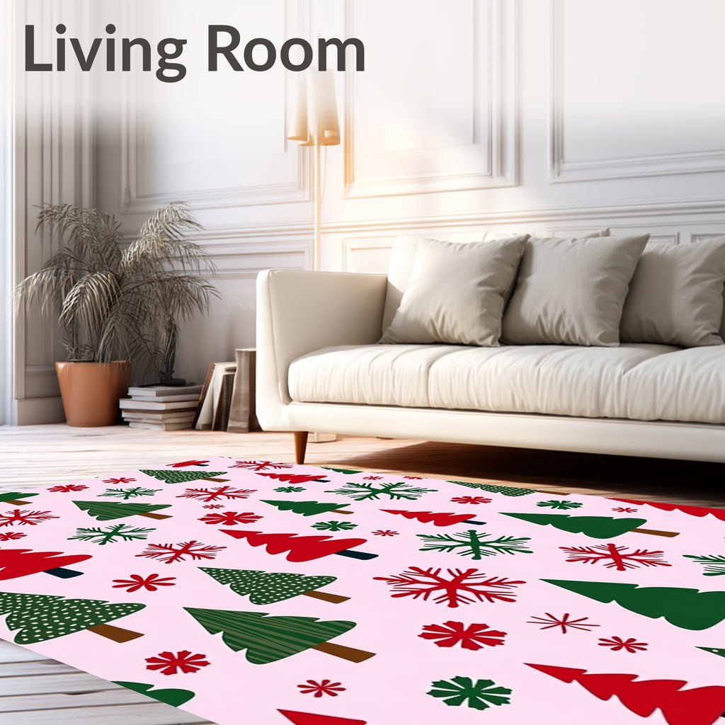 Festive Red Green Christmas Trees Snowflakes Rug
