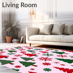 Festive Red Green Christmas Trees Snowflakes Rug