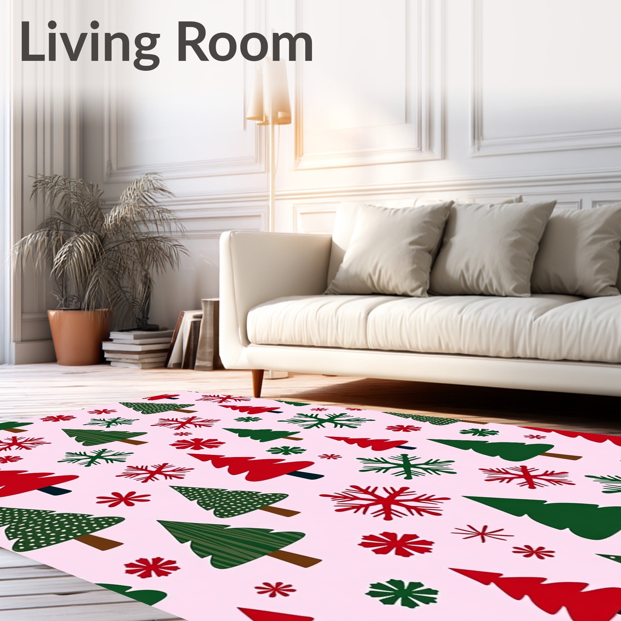 Festive Red Green Christmas Trees Snowflakes Rug
