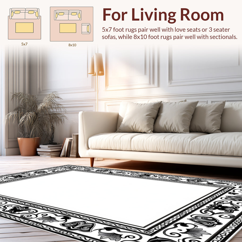 Ornate Floral Scrollwork Black White Design Rug