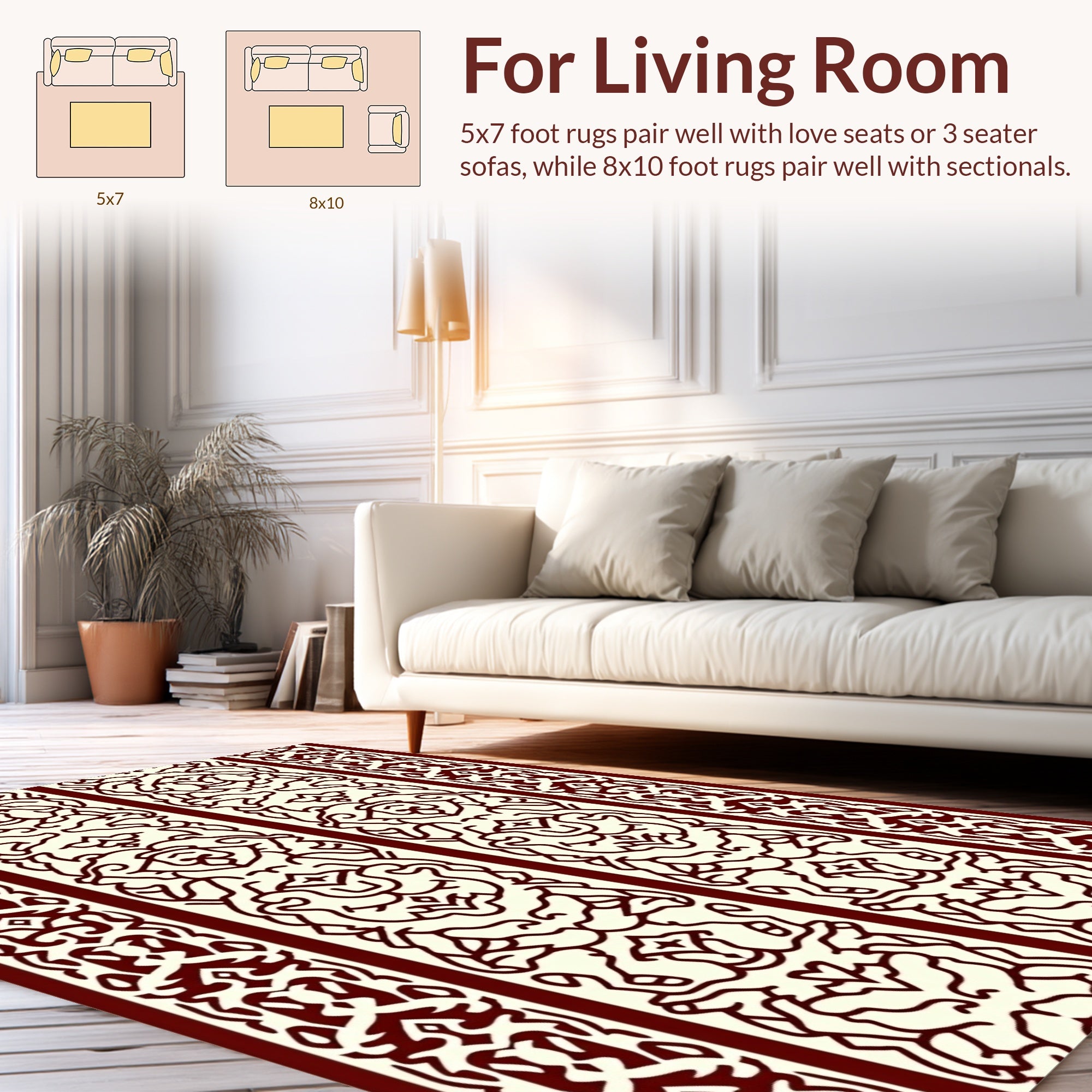 Burgundy Cream Ornate Stripe Design Rug