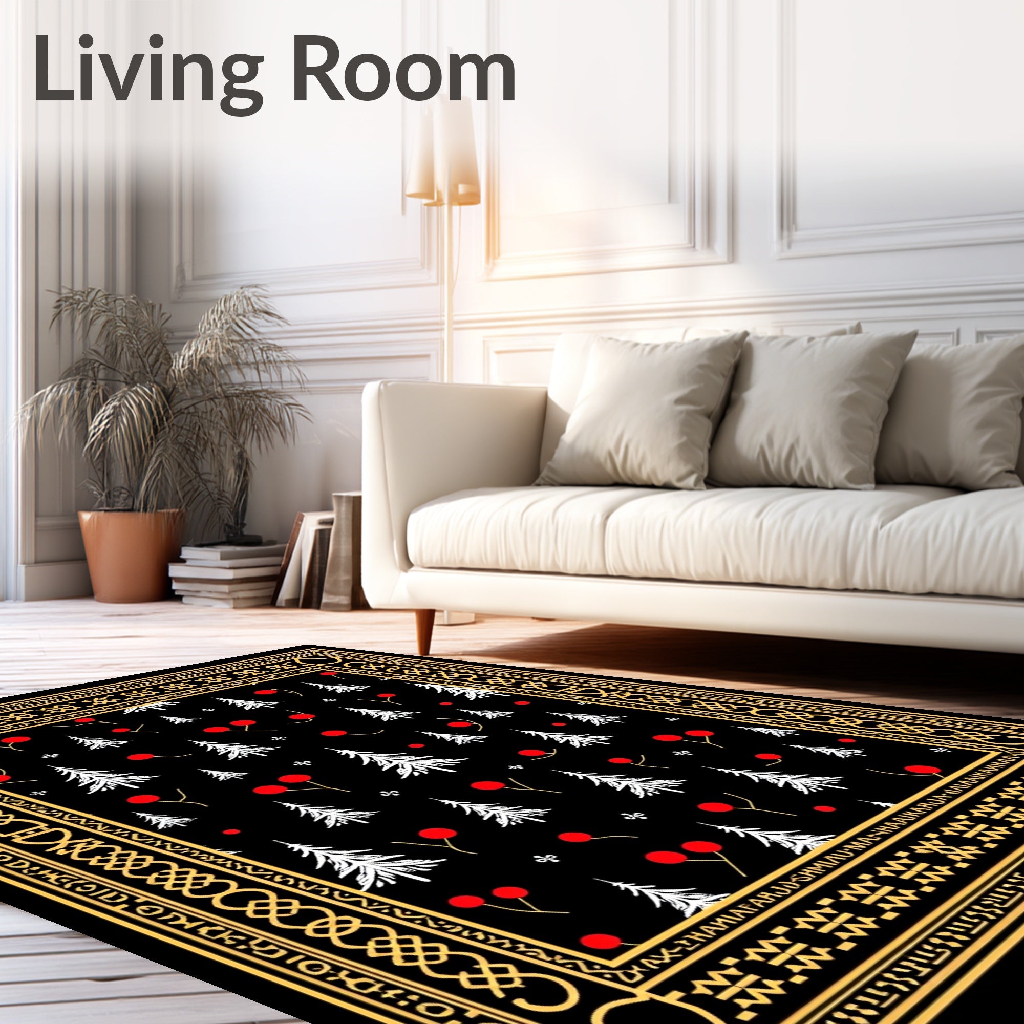 Golden Bordered White Trees Red Berries Rug