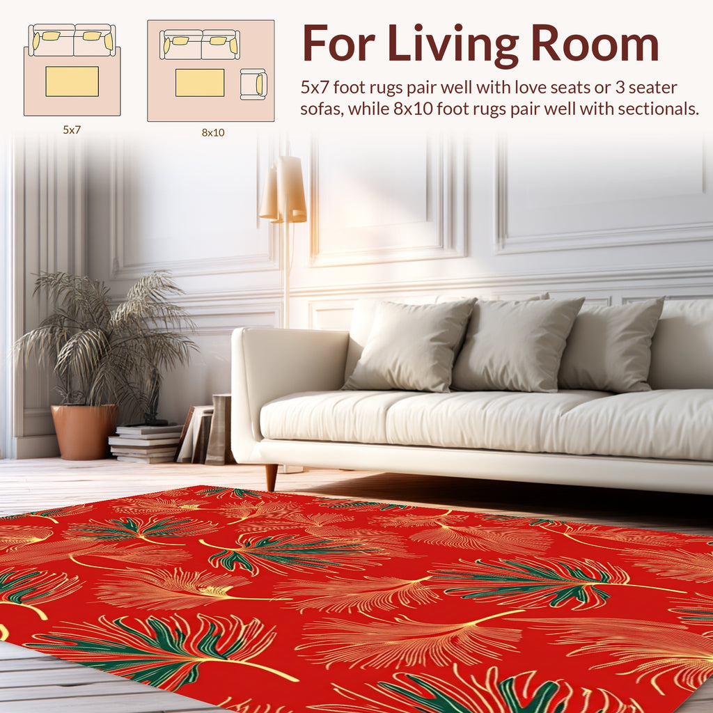 Tropical Leaf Patterned Red Rug