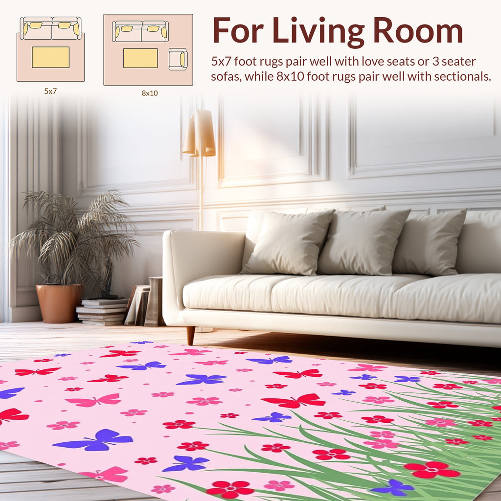 Pink Garden Butterflsy With Grass Pattern Rug