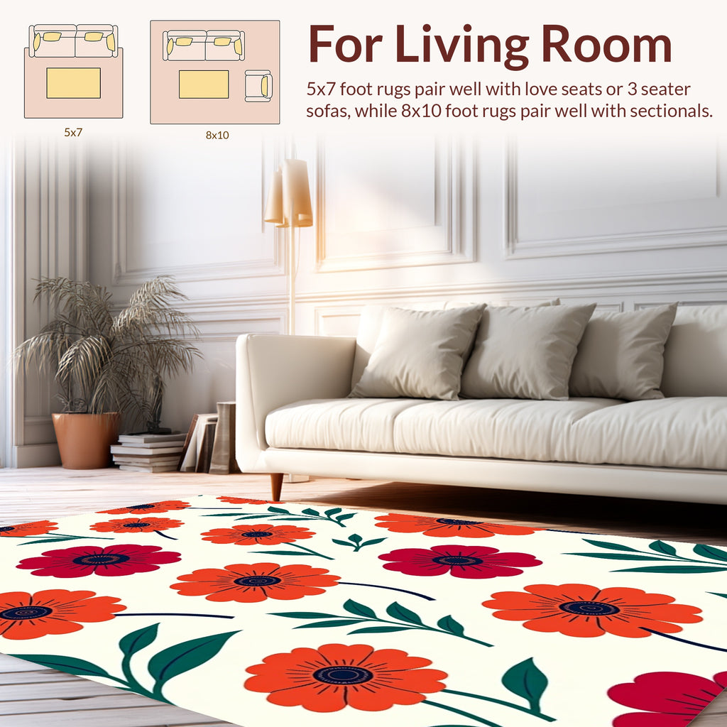 Bold Crimson Orange Floral Pattern Rug