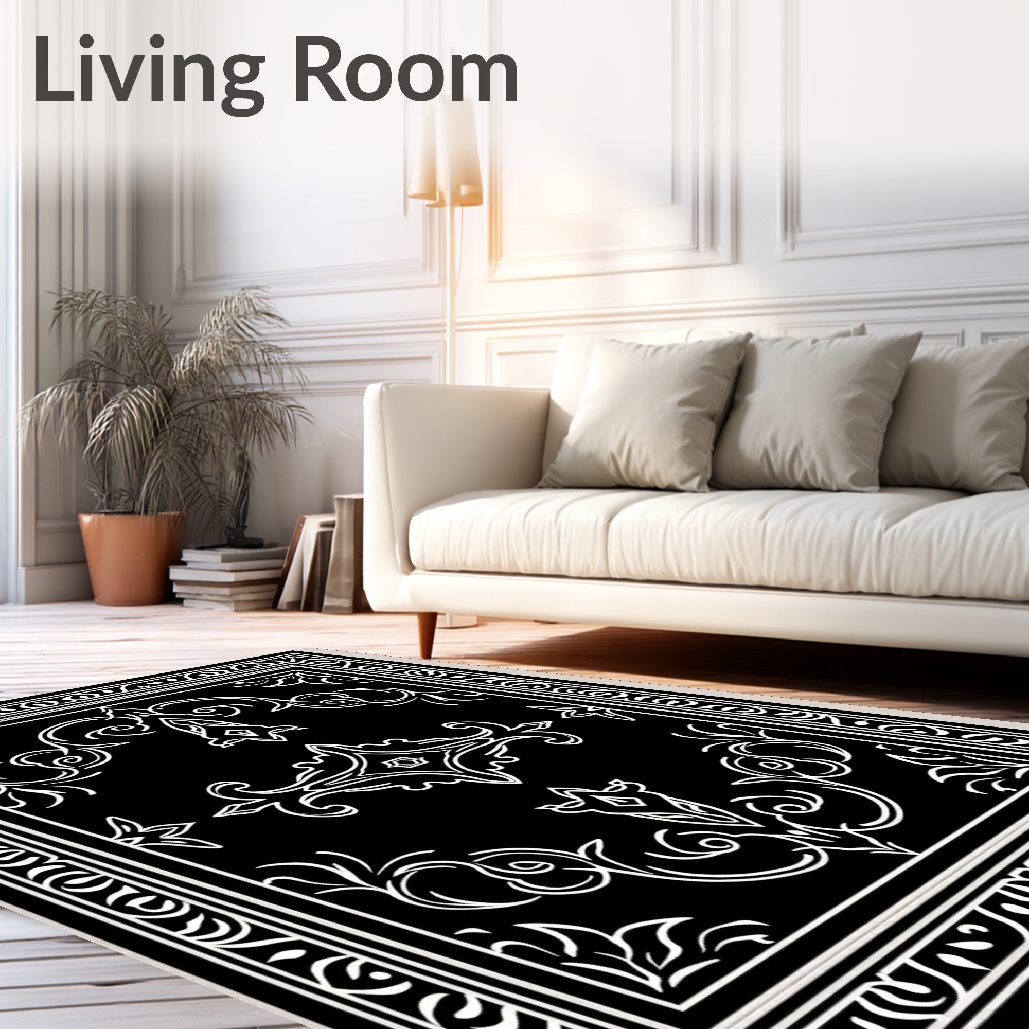 Elegant Black White Filigree Scroll Rug
