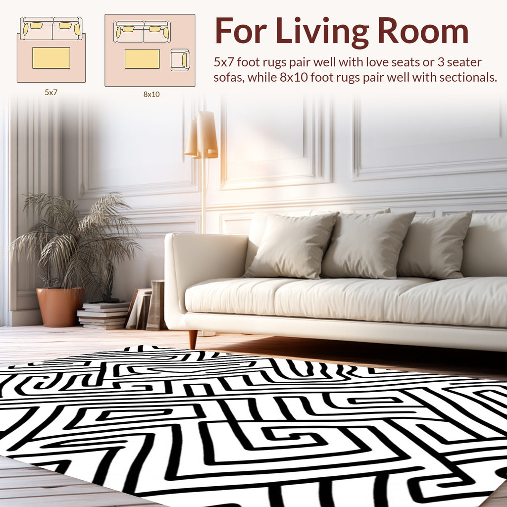 Abstract Black Swirl White Maze Pattern Rug