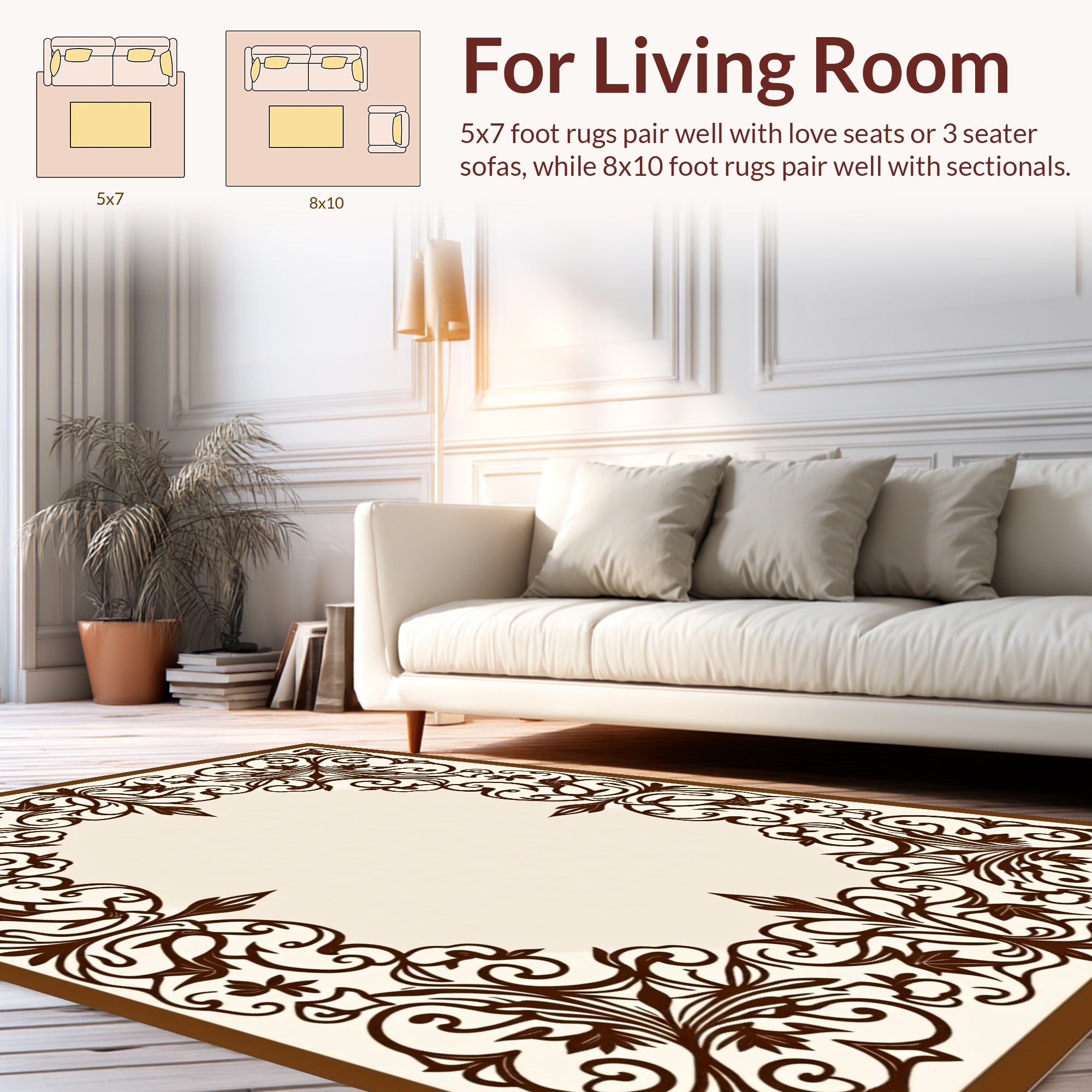 Brown Floral Scrollwork Border Pattern Rug