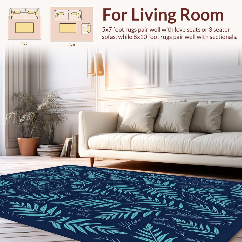 Tropical Leaf Pattern on Navy Background Rug