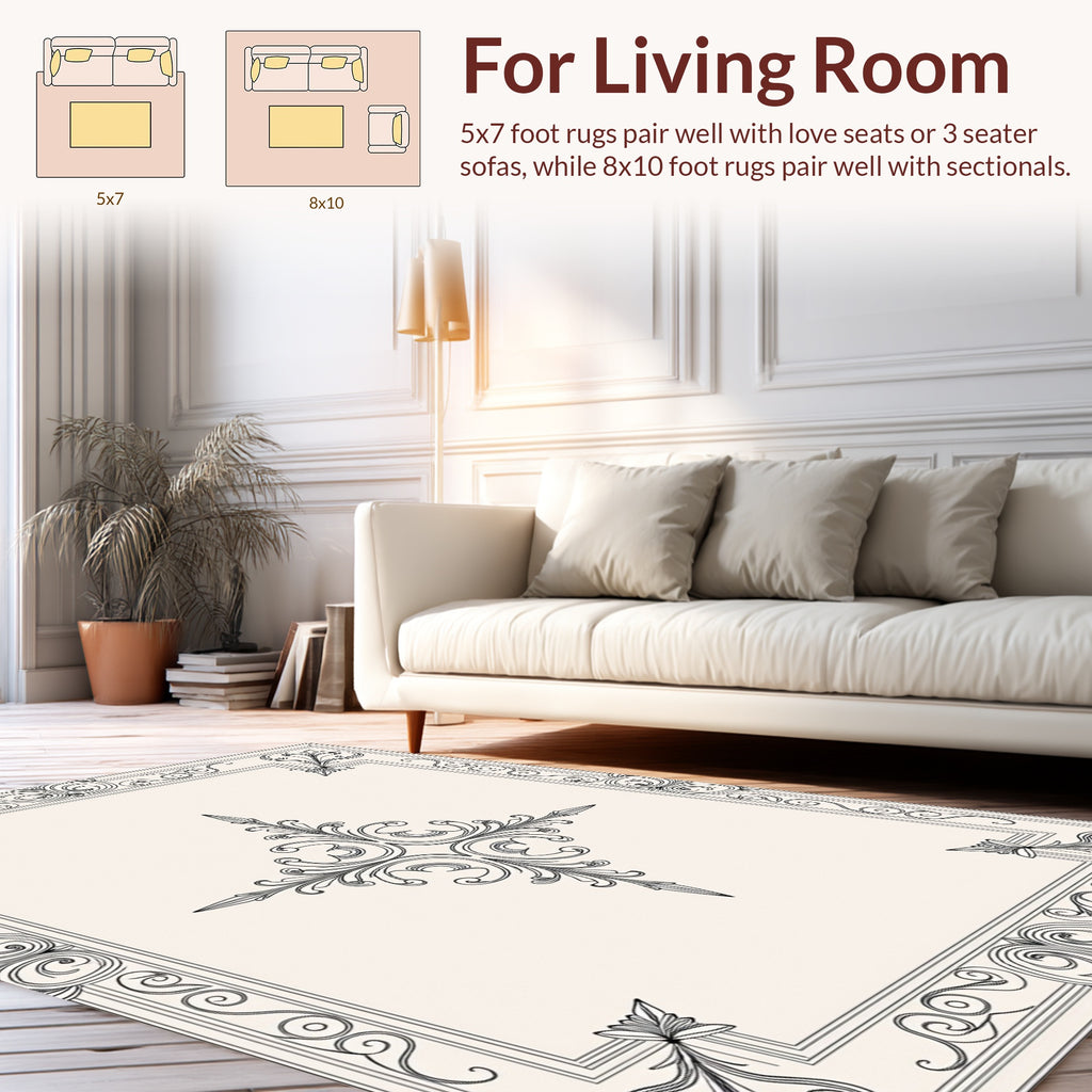 Ornate Black White Scroll Pattern Rug