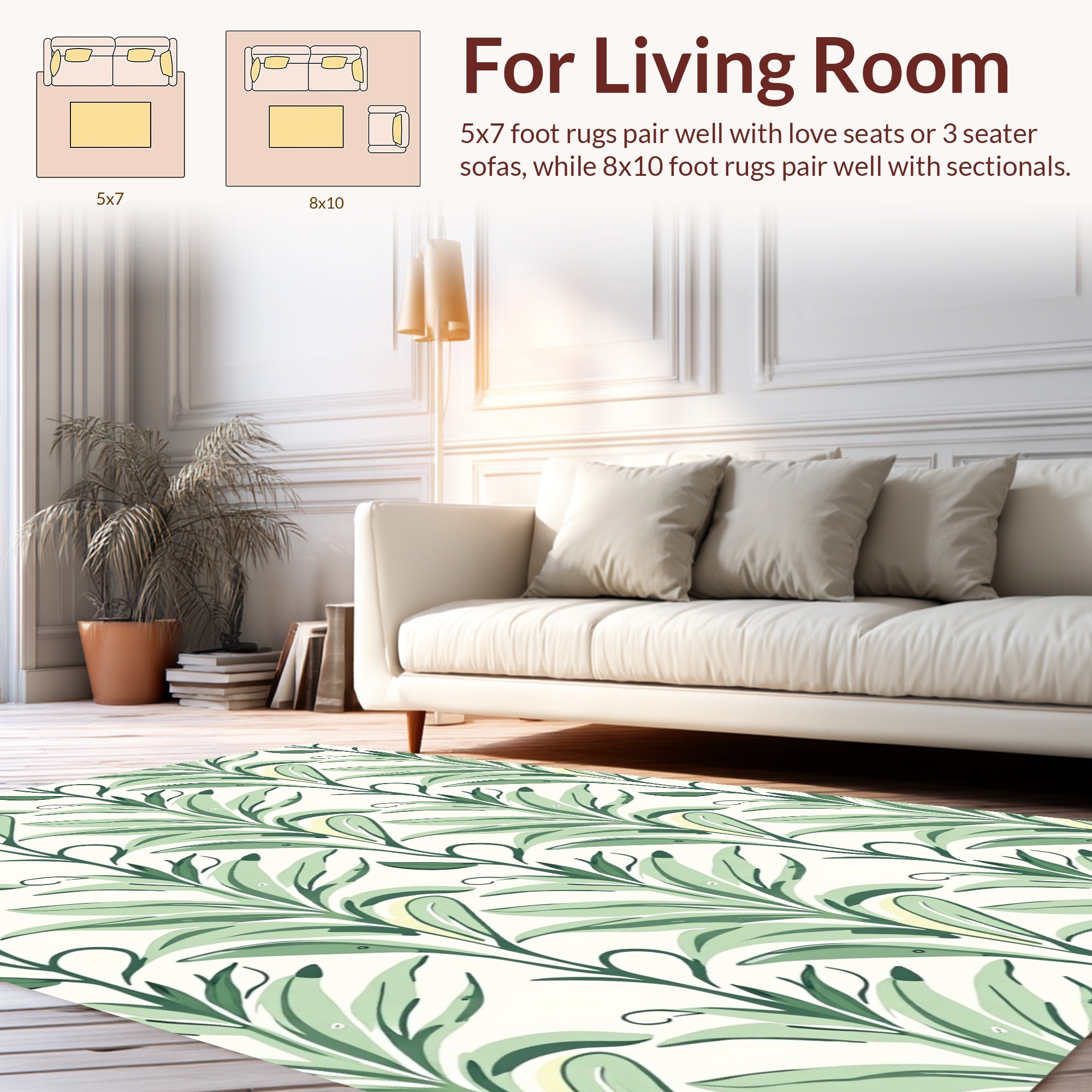 Vertical Green Leaf Botanical Pattern Rug