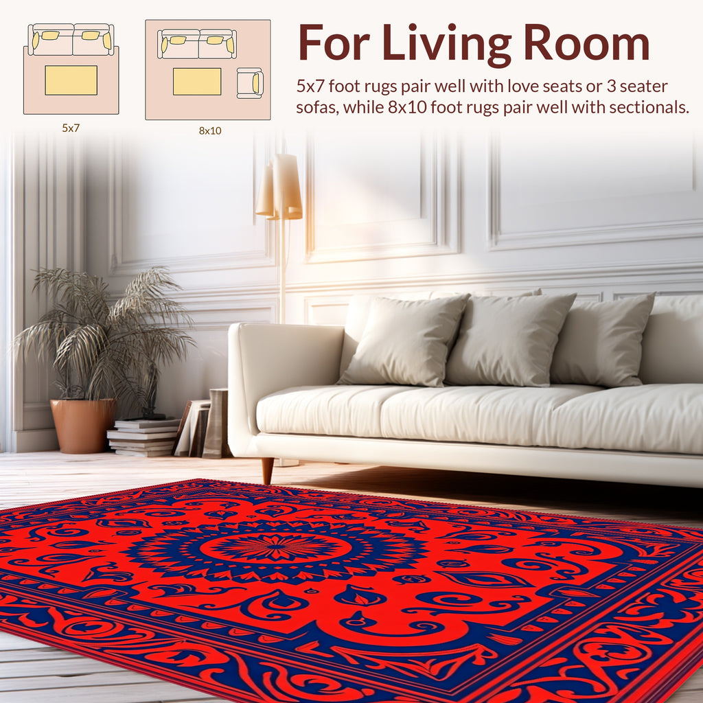 Bold Red Mandala And Scroll Pattern Rug
