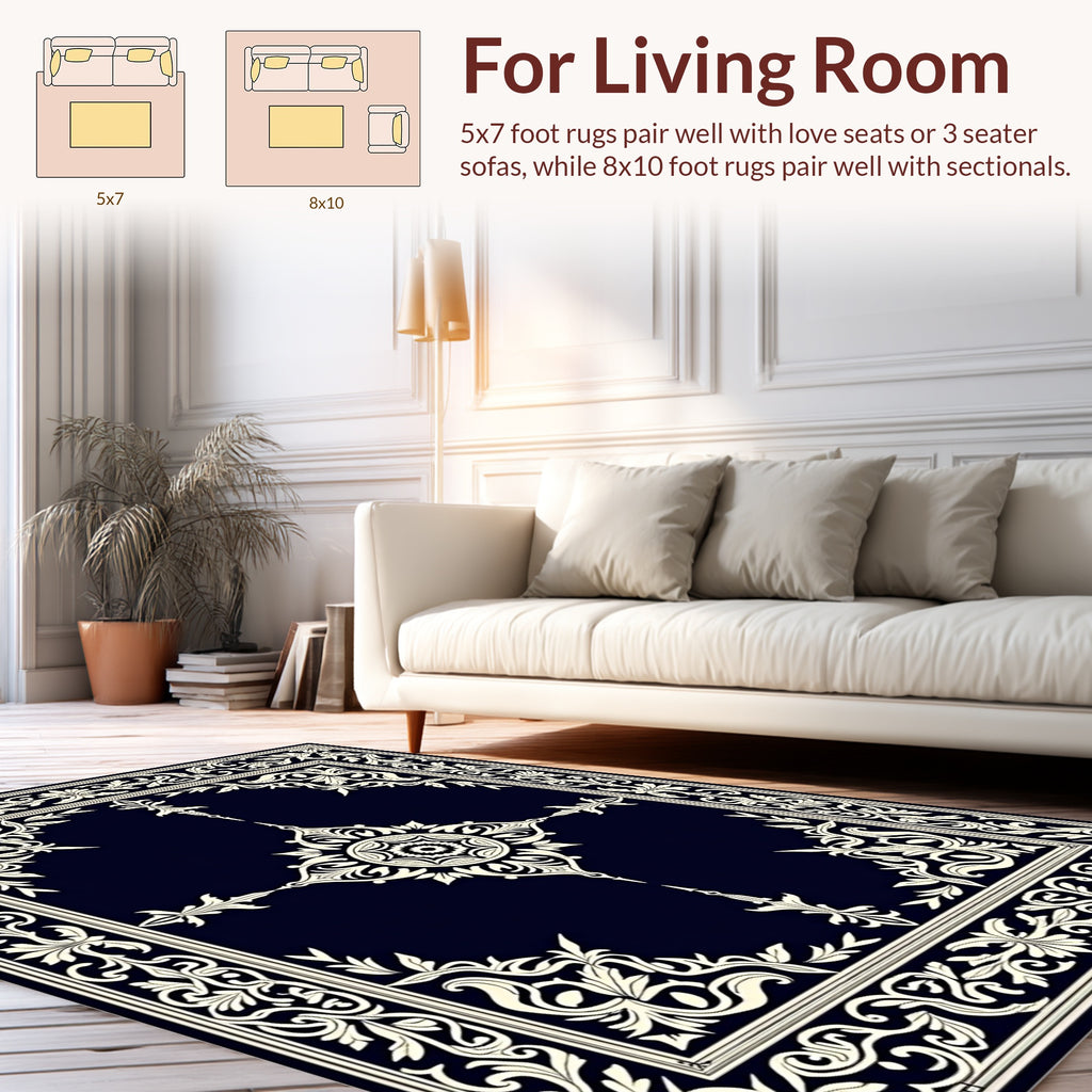 Dark Cream Ornate Floral Rectangular Rug