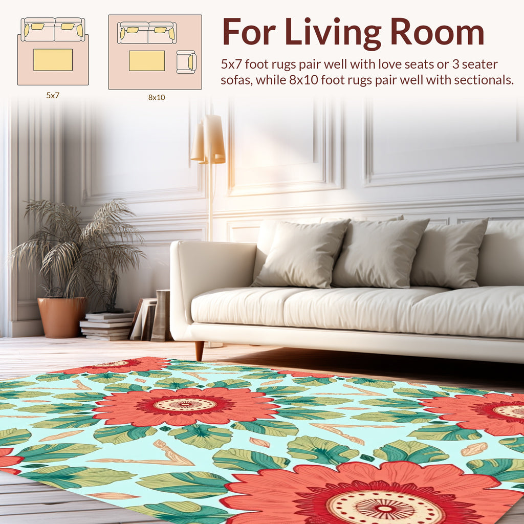 Coral Floral Meadow Medallion Design Rug