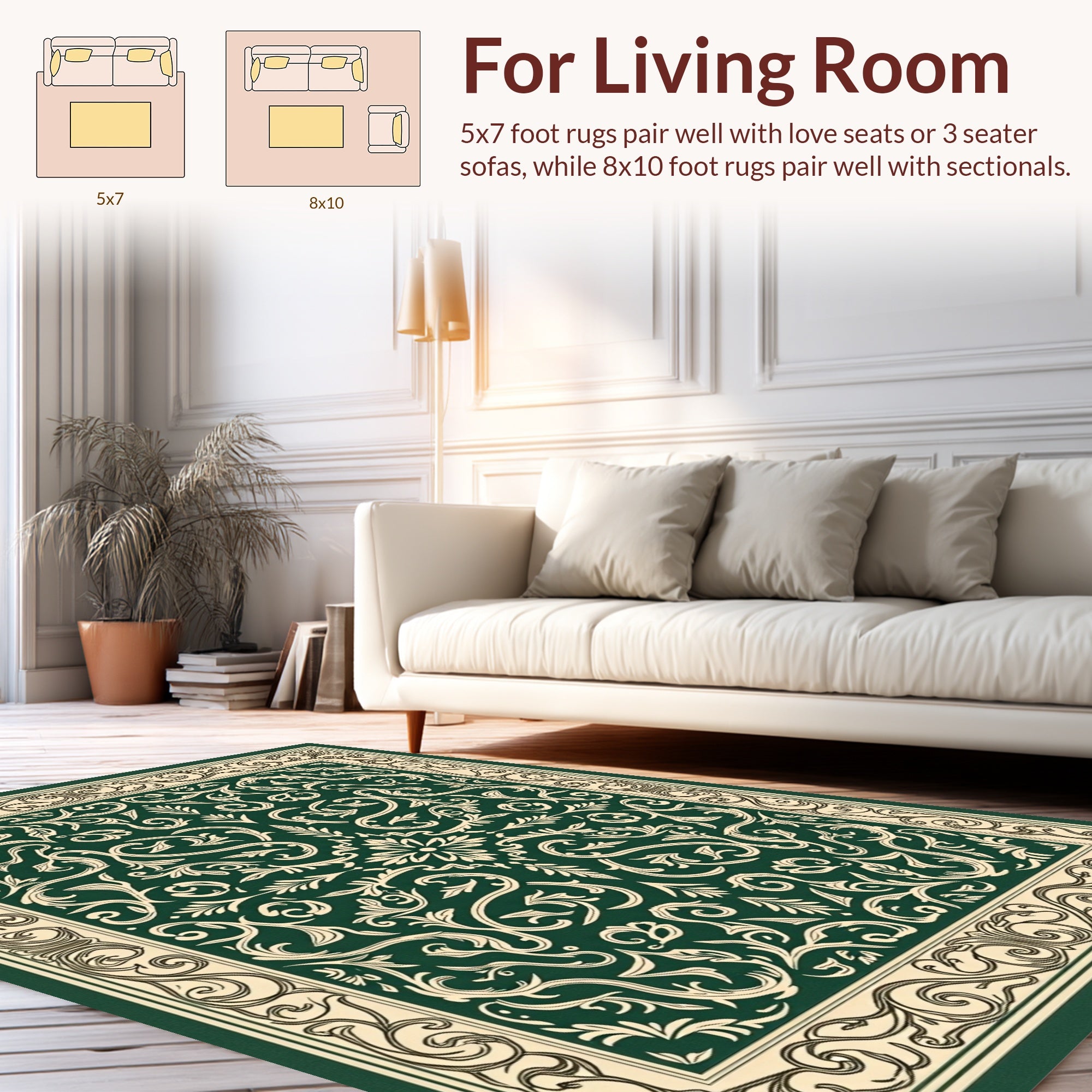 Elegant Green Cream Floral Scroll Rug