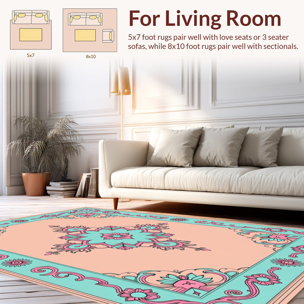Teal Pink Floral Central Medallion Rug