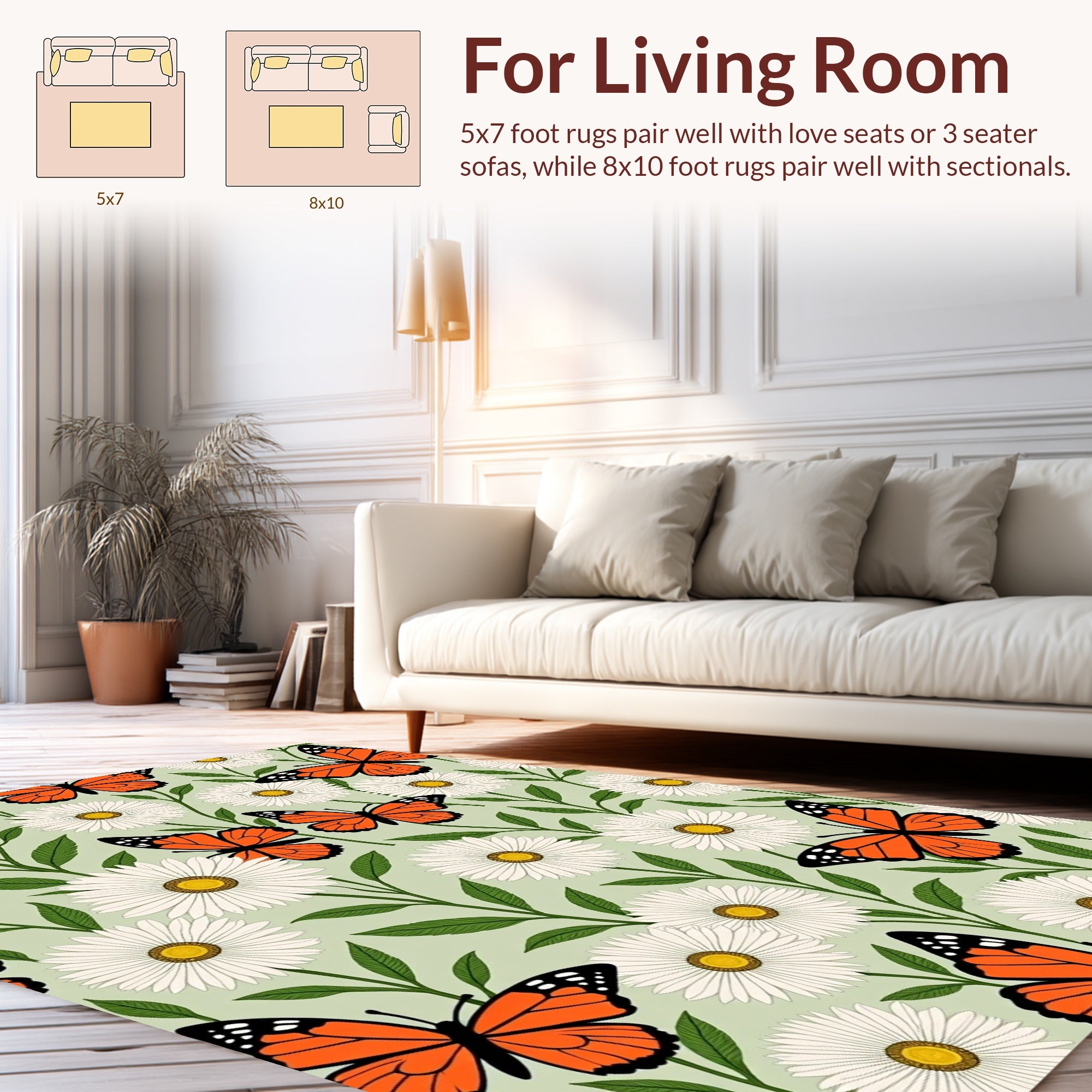 Orange Butterfly Daisy Floral Pattern Rug