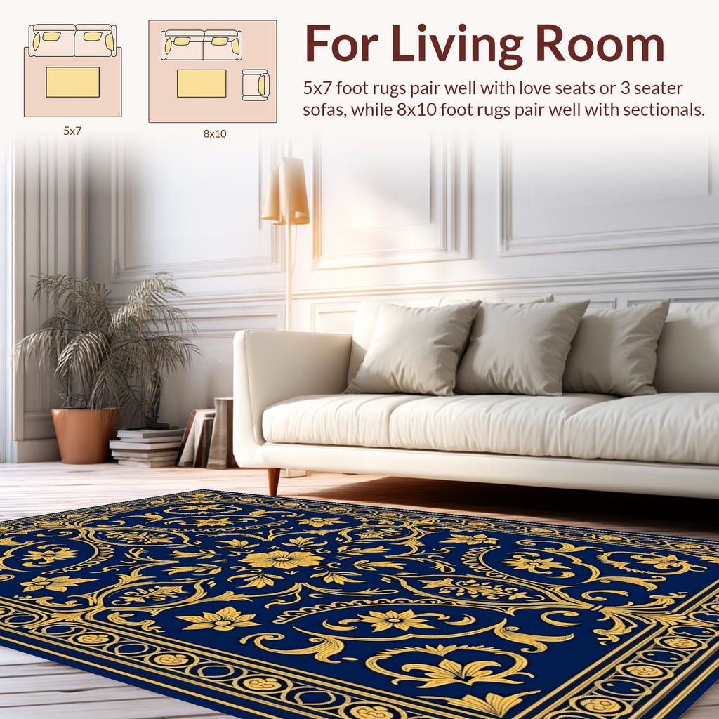 Classic Blue Yellow Elaborate Floral Rug