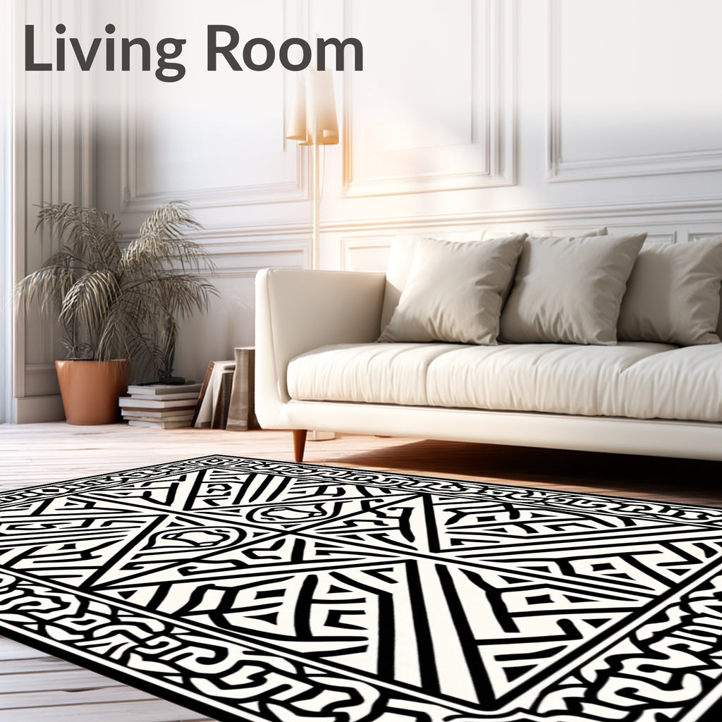 Intricate Black and White Geometric Maze Rug