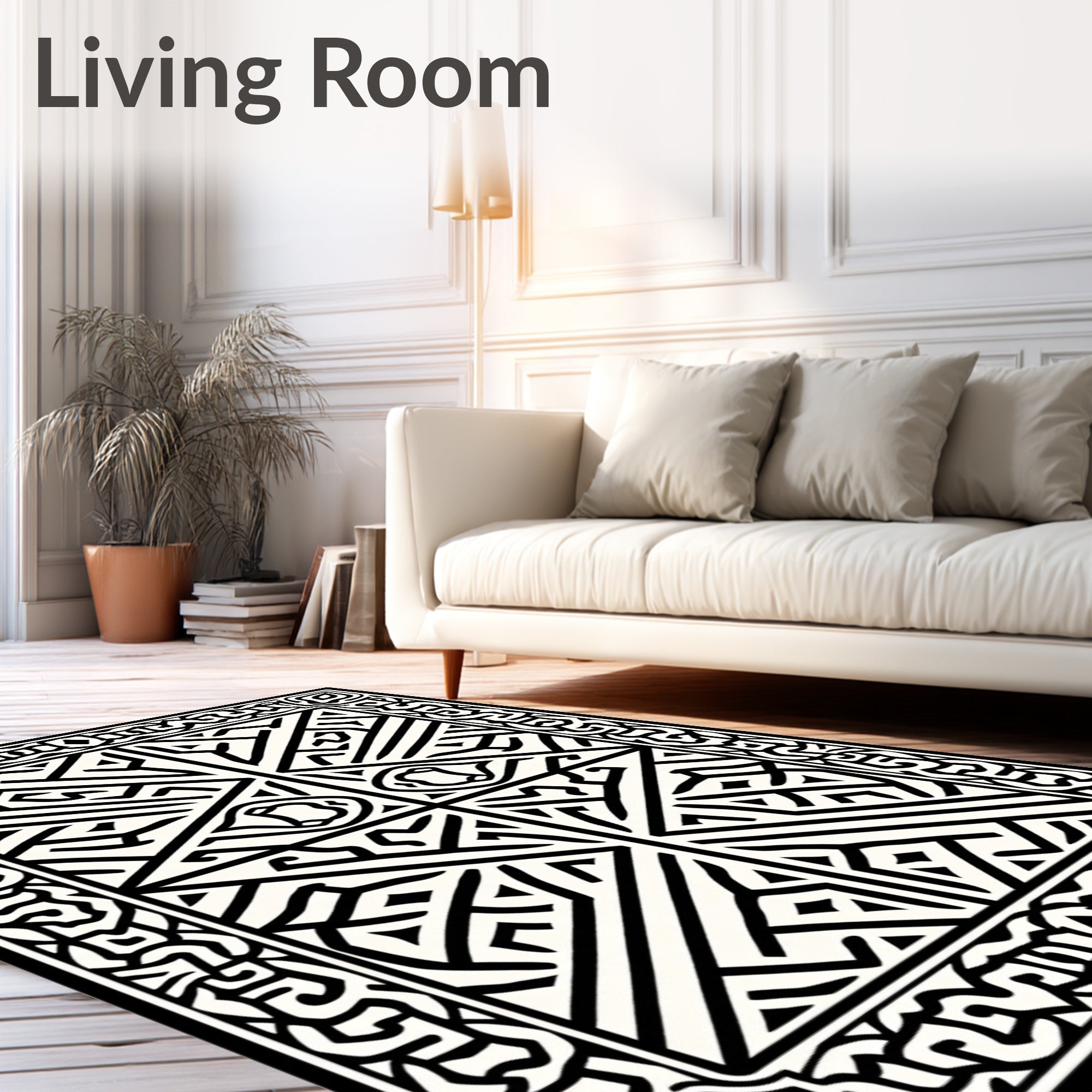 Intricate Black and White Geometric Maze Rug