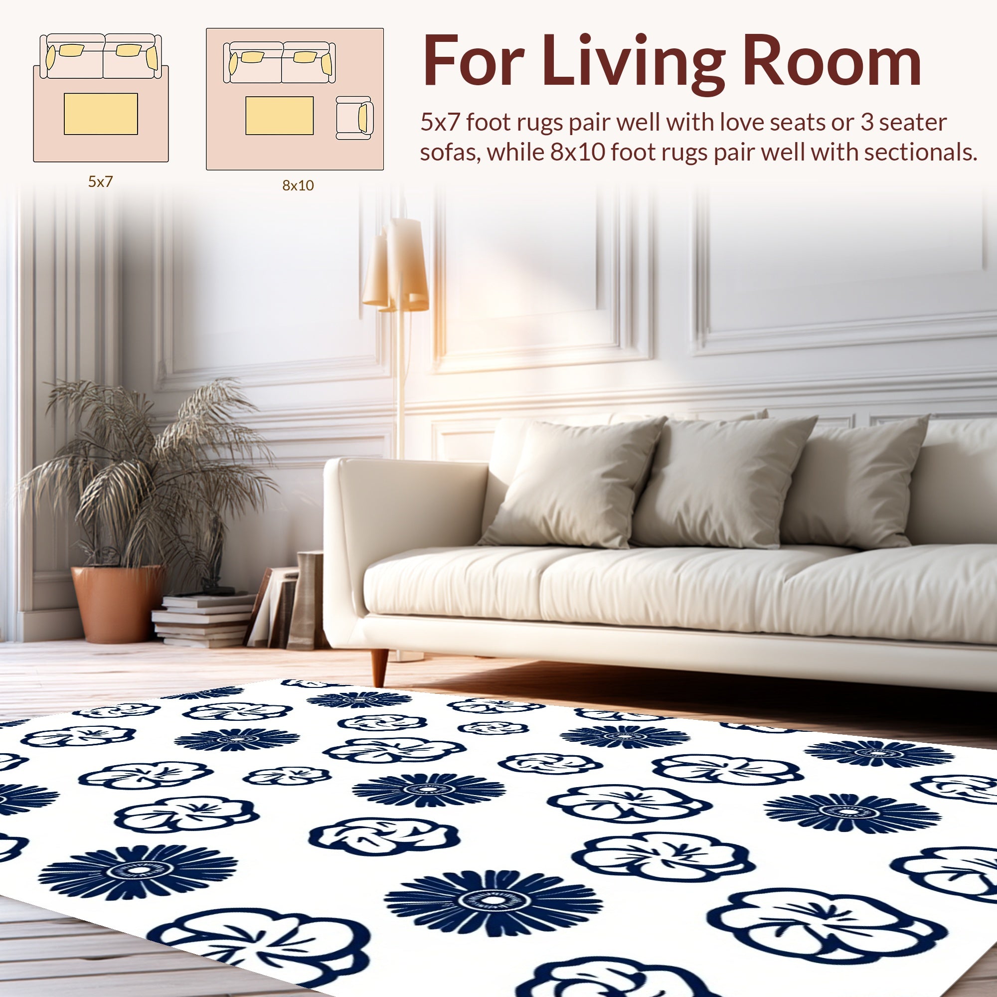 Classic Navy Floral Pattern Rug